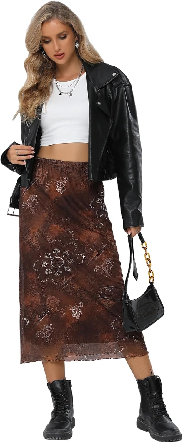 image:imageAvanova Womens Ditsy Floral High Waisted Skirts Lettuce Trim Summer Fall Boho Midi SkirtA Brown E
