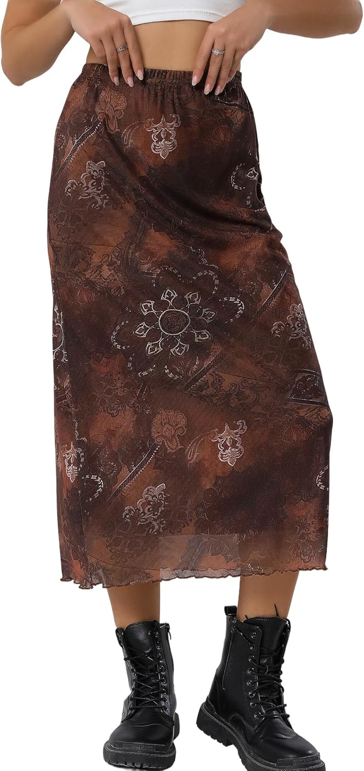 image:imageAvanova Womens Ditsy Floral High Waisted Skirts Lettuce Trim Summer Fall Boho Midi SkirtA Brown E