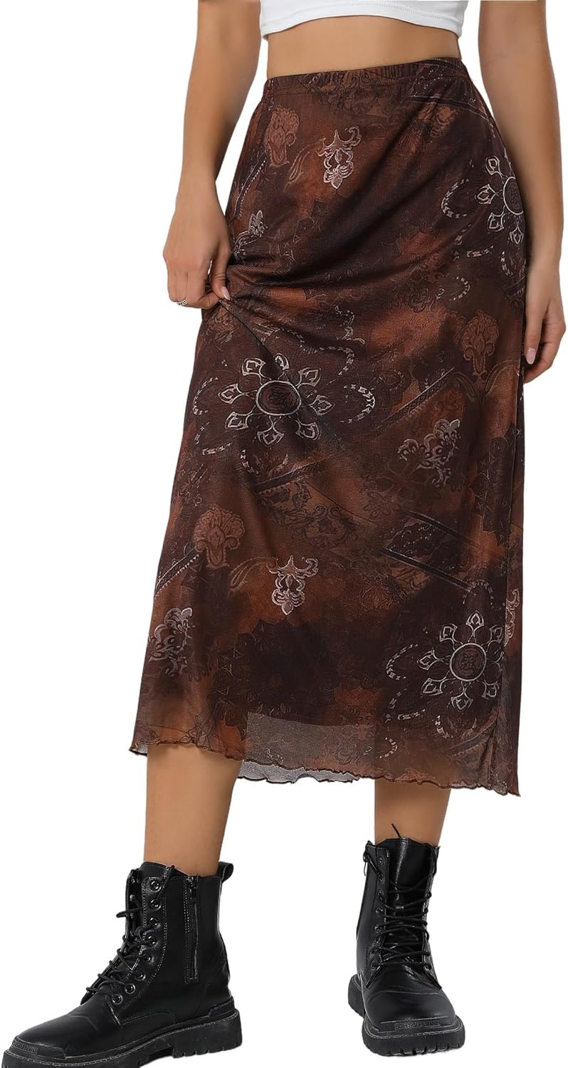 image:imageAvanova Womens Ditsy Floral High Waisted Skirts Lettuce Trim Summer Fall Boho Midi SkirtA Brown E