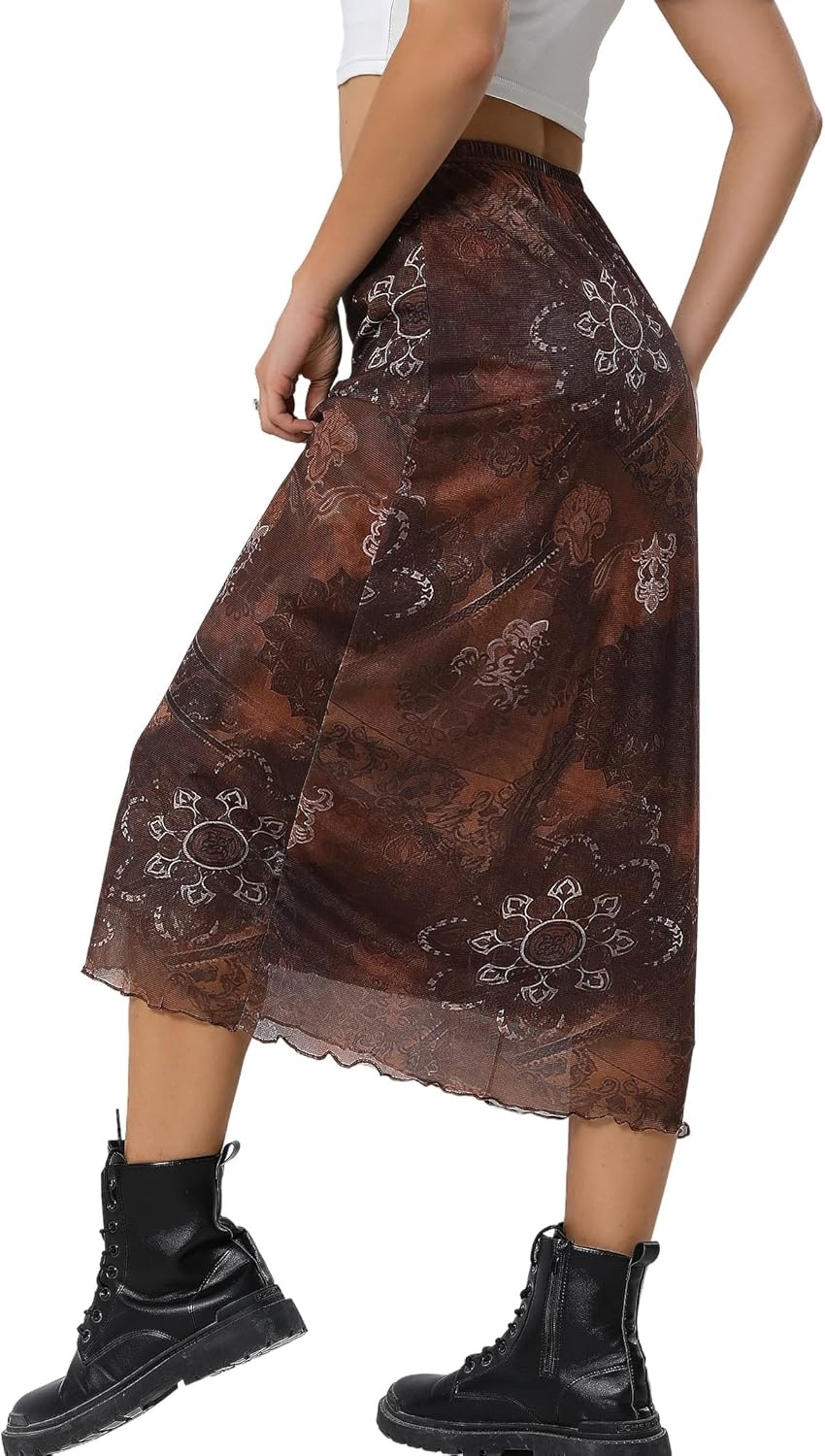 image:imageAvanova Womens Ditsy Floral High Waisted Skirts Lettuce Trim Summer Fall Boho Midi SkirtA Brown E
