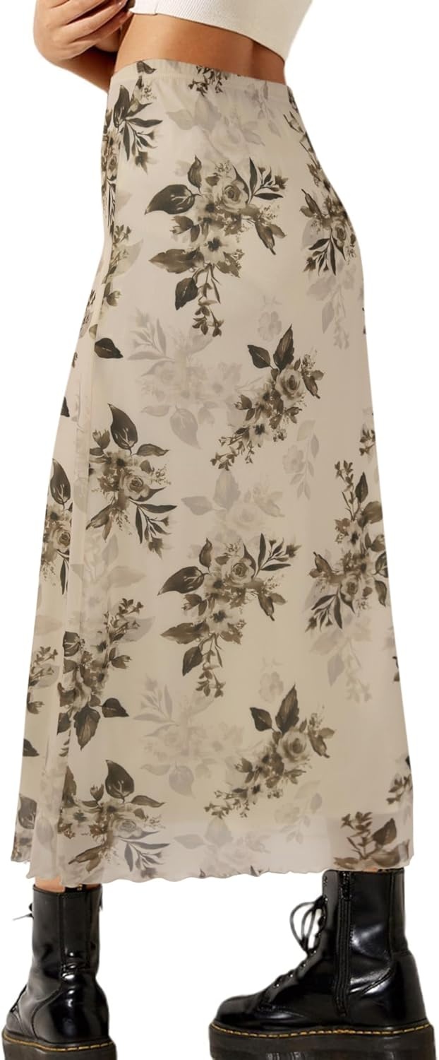 image:imageAvanova Womens Ditsy Floral High Waisted Skirts Lettuce Trim Summer Fall Boho Midi SkirtBeige