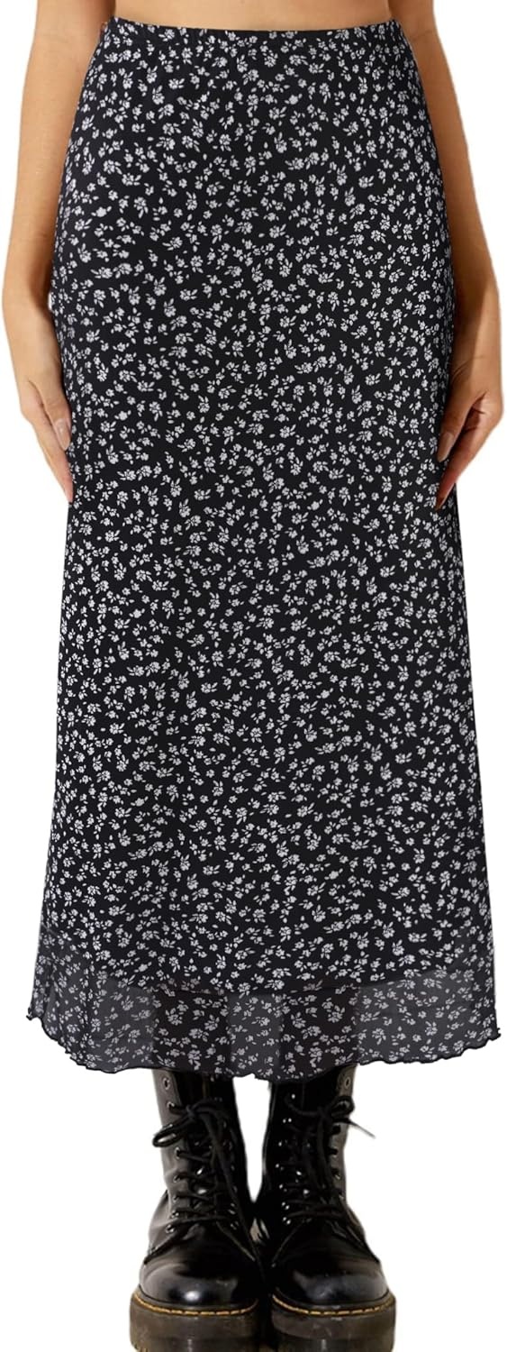 image:imageAvanova Womens Ditsy Floral High Waisted Skirts Lettuce Trim Summer Fall Boho Midi SkirtBlack Floral J