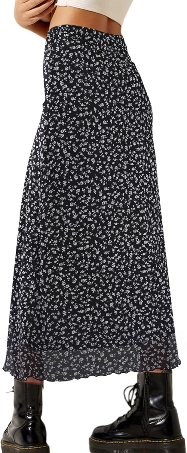 image:imageAvanova Womens Ditsy Floral High Waisted Skirts Lettuce Trim Summer Fall Boho Midi SkirtBlack Floral J