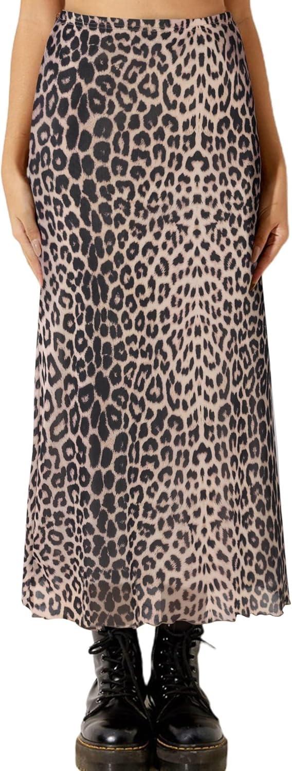 image:imageAvanova Womens Ditsy Floral High Waisted Skirts Lettuce Trim Summer Fall Boho Midi SkirtBrown Leopard C
