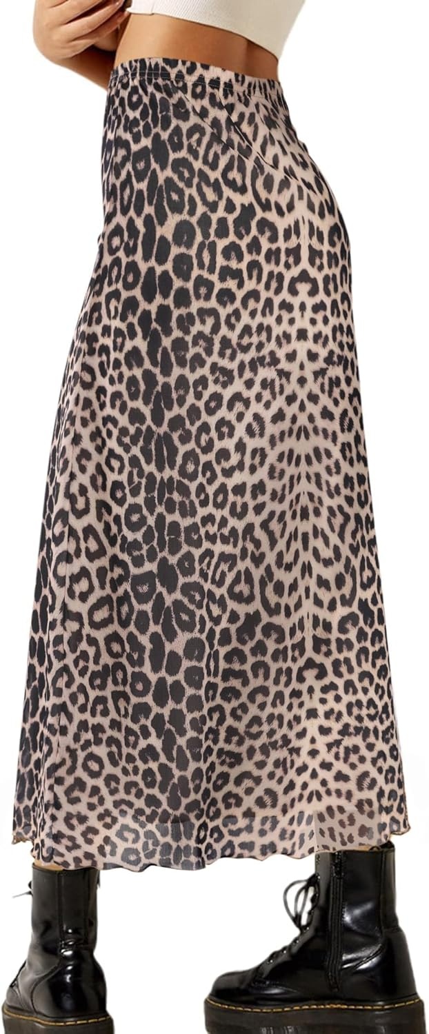 image:imageAvanova Womens Ditsy Floral High Waisted Skirts Lettuce Trim Summer Fall Boho Midi SkirtBrown Leopard C