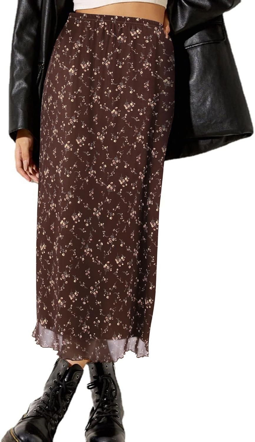 image:imageAvanova Womens Ditsy Floral High Waisted Skirts Lettuce Trim Summer Fall Boho Midi SkirtCoffee Brown