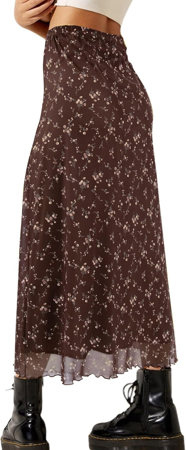 image:imageAvanova Womens Ditsy Floral High Waisted Skirts Lettuce Trim Summer Fall Boho Midi SkirtCoffee Brown