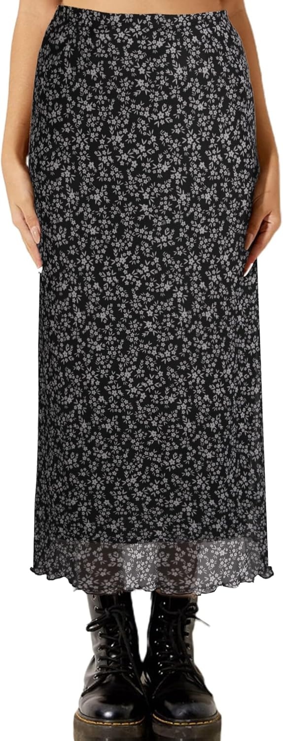 image:imageAvanova Womens Ditsy Floral High Waisted Skirts Lettuce Trim Summer Fall Boho Midi SkirtDitsy Black