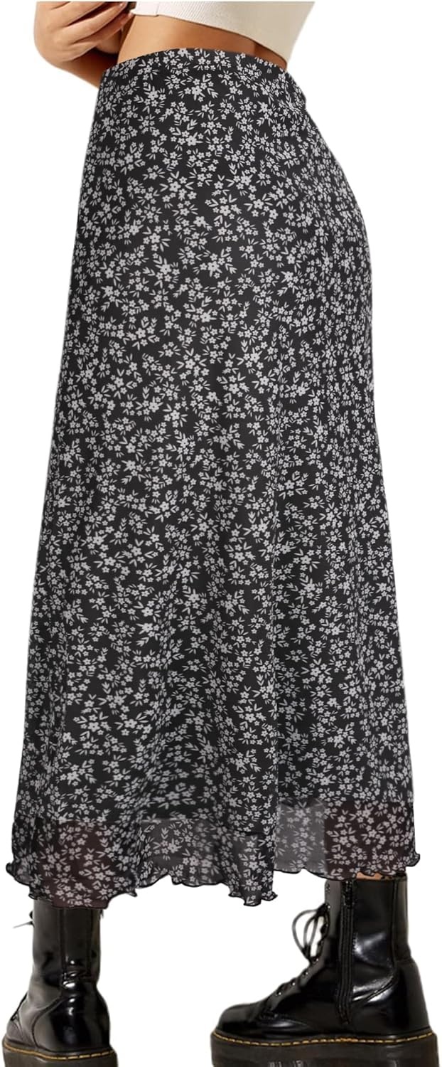 image:imageAvanova Womens Ditsy Floral High Waisted Skirts Lettuce Trim Summer Fall Boho Midi SkirtDitsy Black