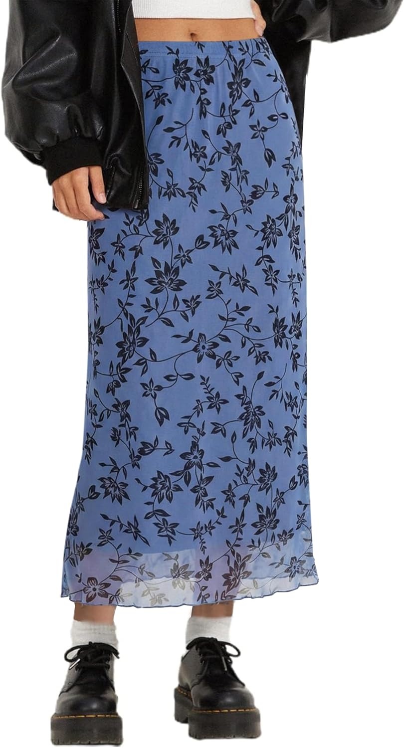 image:imageAvanova Womens Ditsy Floral High Waisted Skirts Lettuce Trim Summer Fall Boho Midi SkirtDusty Blue