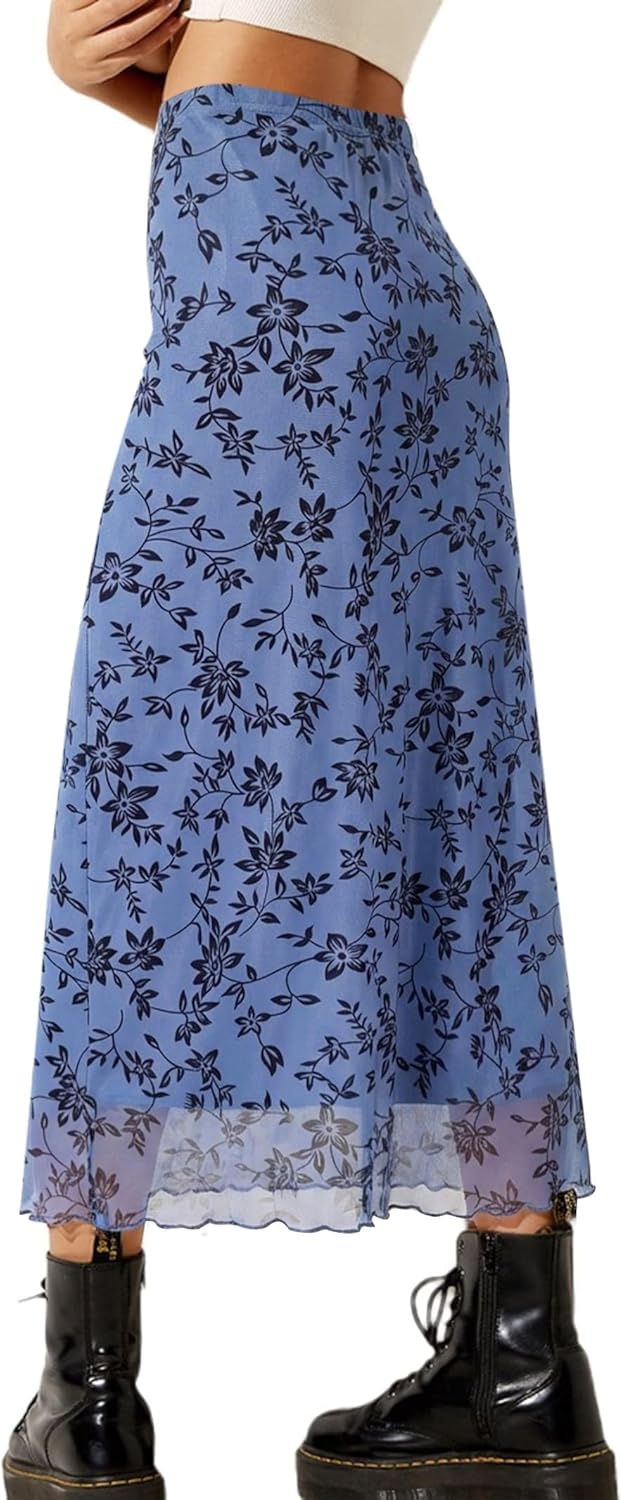 image:imageAvanova Womens Ditsy Floral High Waisted Skirts Lettuce Trim Summer Fall Boho Midi SkirtDusty Blue