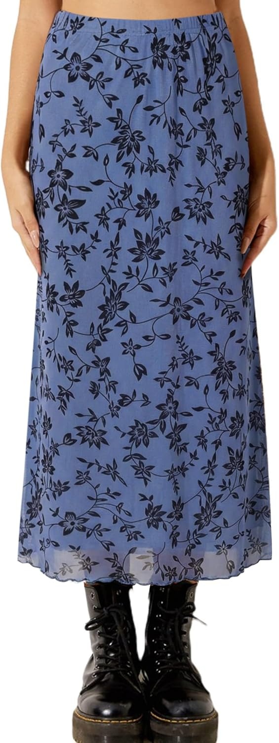 image:imageAvanova Womens Ditsy Floral High Waisted Skirts Lettuce Trim Summer Fall Boho Midi SkirtDusty Blue