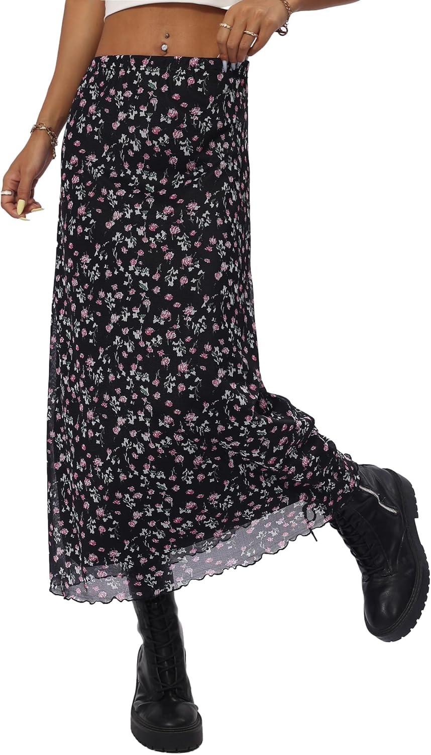 image:imageAvanova Womens Ditsy Floral High Waisted Skirts Lettuce Trim Summer Fall Boho Midi SkirtFloral Black V