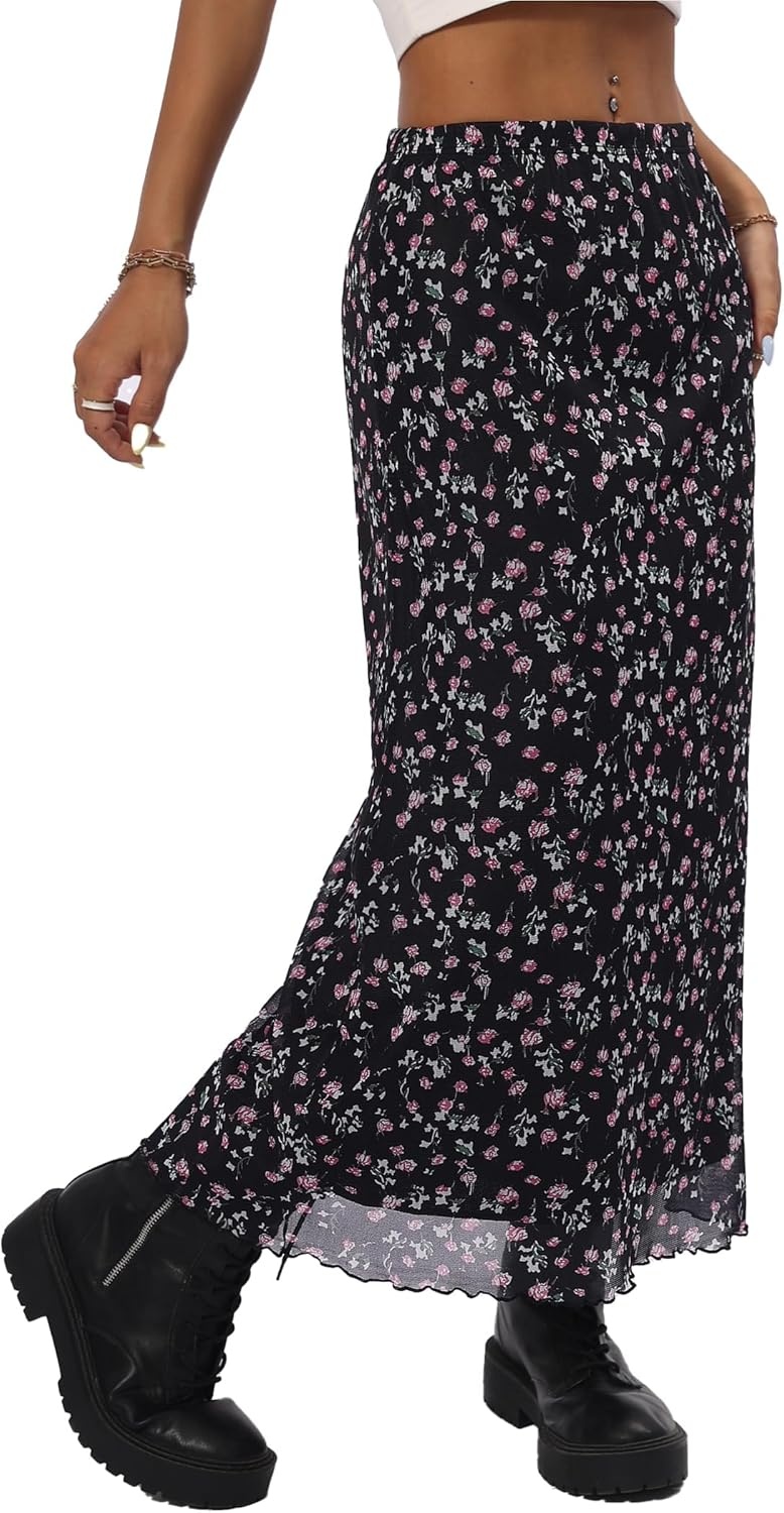 image:imageAvanova Womens Ditsy Floral High Waisted Skirts Lettuce Trim Summer Fall Boho Midi SkirtFloral Black V