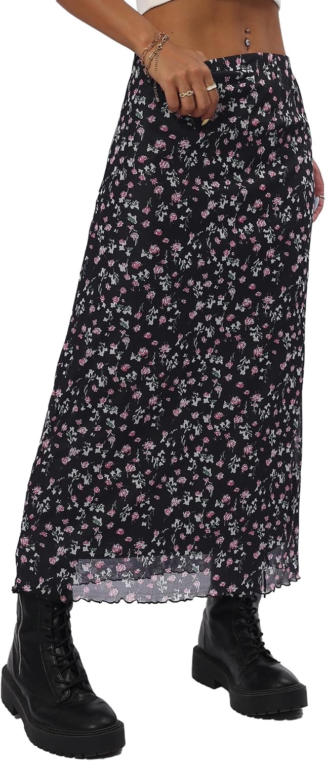 image:imageAvanova Womens Ditsy Floral High Waisted Skirts Lettuce Trim Summer Fall Boho Midi SkirtFloral Black V
