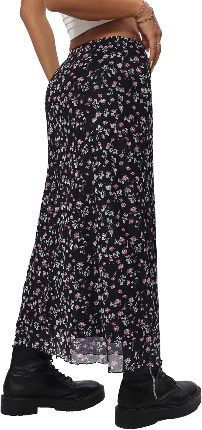 image:imageAvanova Womens Ditsy Floral High Waisted Skirts Lettuce Trim Summer Fall Boho Midi SkirtFloral Black V