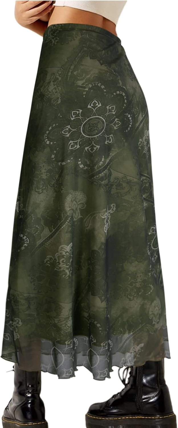 image:imageAvanova Womens Ditsy Floral High Waisted Skirts Lettuce Trim Summer Fall Boho Midi SkirtFloral Green R