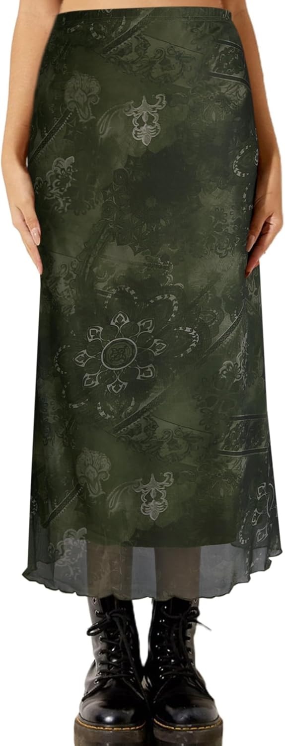 image:imageAvanova Womens Ditsy Floral High Waisted Skirts Lettuce Trim Summer Fall Boho Midi SkirtFloral Green R
