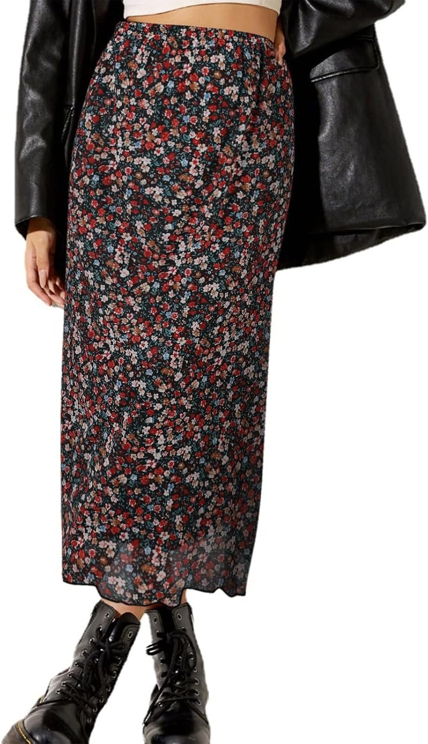 image:imageAvanova Womens Ditsy Floral High Waisted Skirts Lettuce Trim Summer Fall Boho Midi SkirtFloral Muticolor