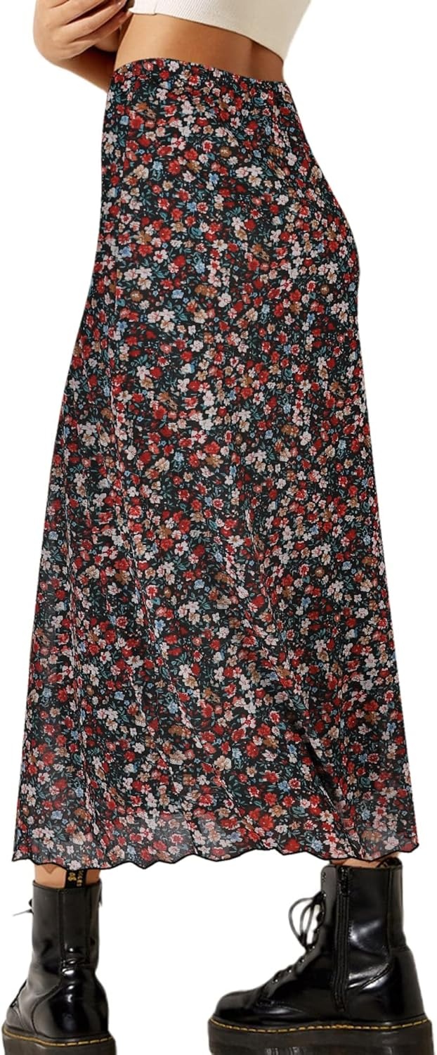 image:imageAvanova Womens Ditsy Floral High Waisted Skirts Lettuce Trim Summer Fall Boho Midi SkirtFloral Muticolor