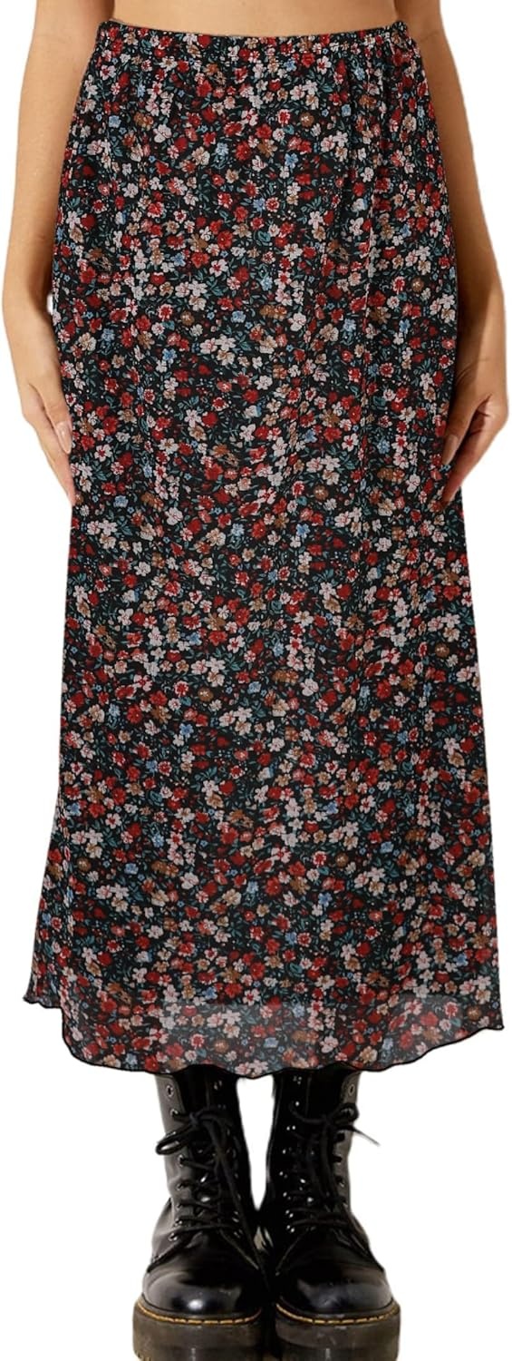 image:imageAvanova Womens Ditsy Floral High Waisted Skirts Lettuce Trim Summer Fall Boho Midi SkirtFloral Muticolor