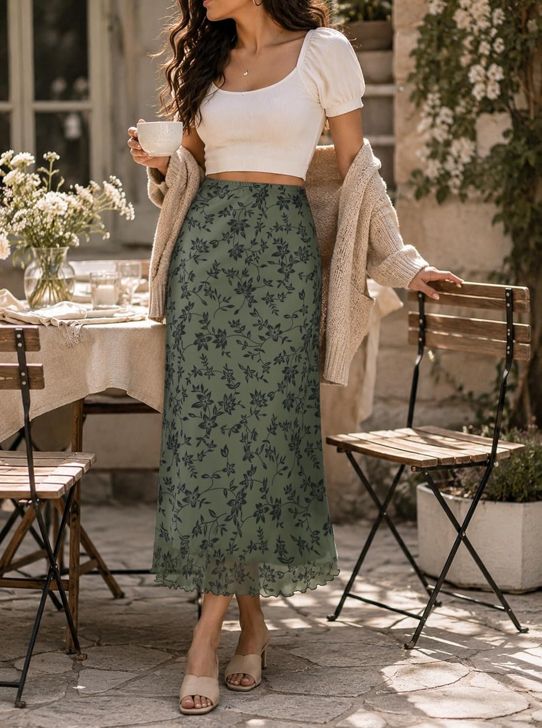 image:imageAvanova Womens Ditsy Floral High Waisted Skirts Lettuce Trim Summer Fall Boho Midi SkirtGreen Floral C