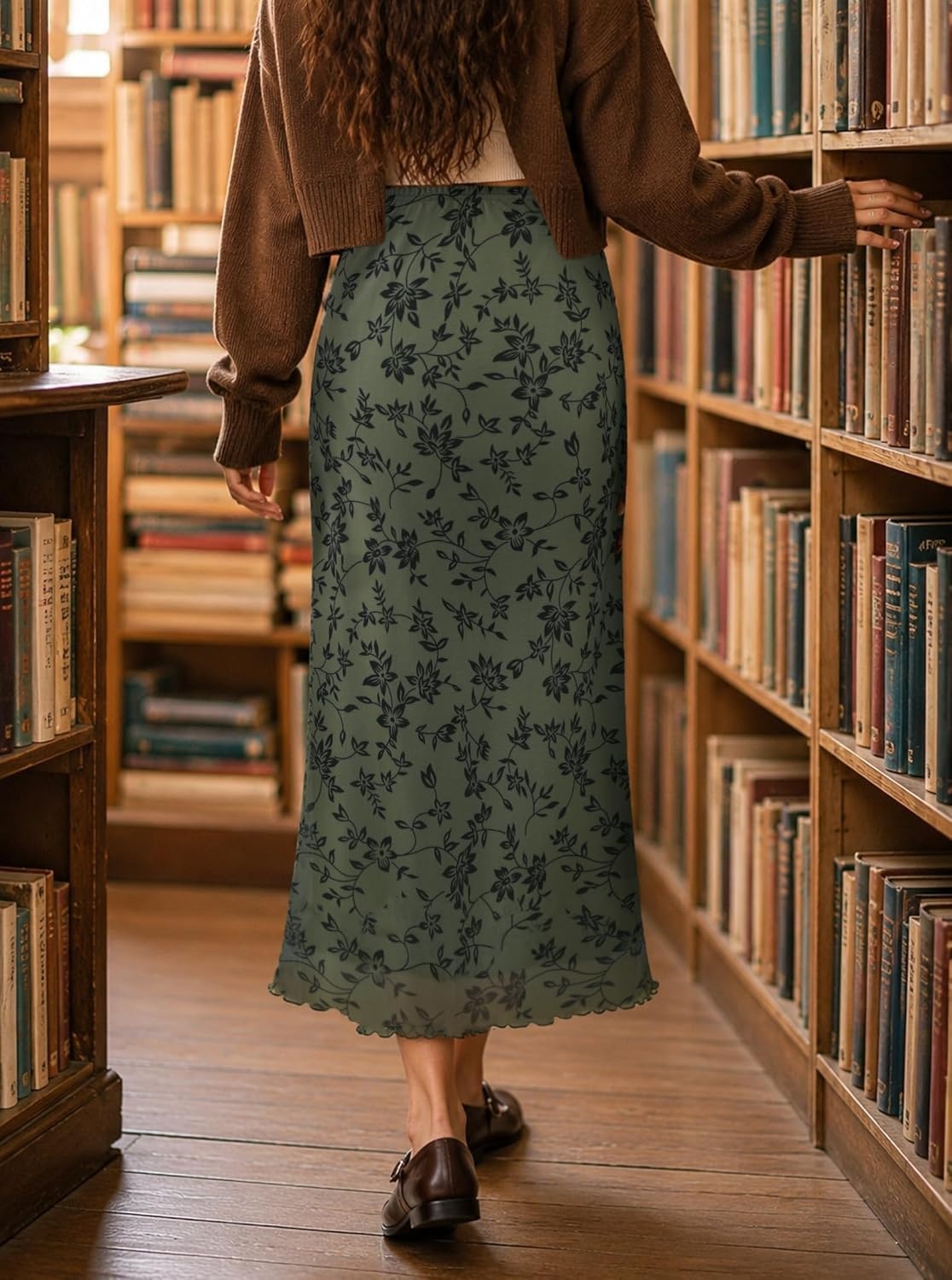 image:imageAvanova Womens Ditsy Floral High Waisted Skirts Lettuce Trim Summer Fall Boho Midi SkirtGreen Floral C