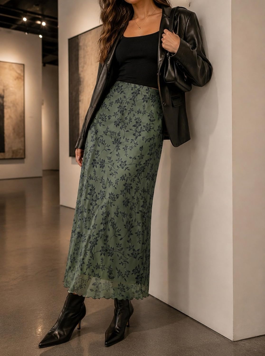 image:imageAvanova Womens Ditsy Floral High Waisted Skirts Lettuce Trim Summer Fall Boho Midi SkirtGreen Floral C