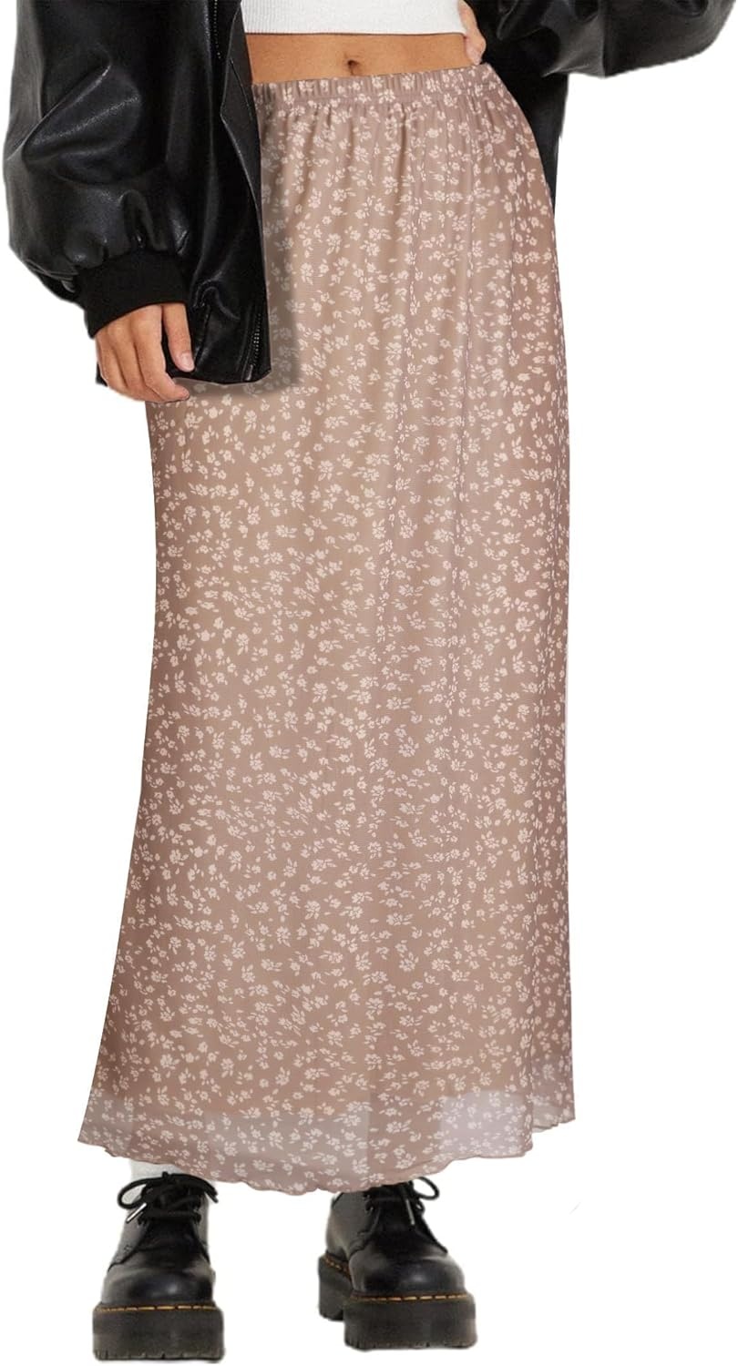 image:imageAvanova Womens Ditsy Floral High Waisted Skirts Lettuce Trim Summer Fall Boho Midi SkirtKhaki