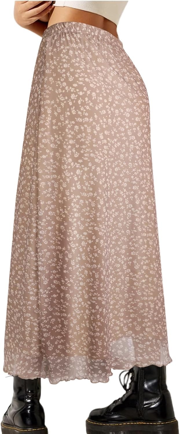 image:imageAvanova Womens Ditsy Floral High Waisted Skirts Lettuce Trim Summer Fall Boho Midi SkirtKhaki