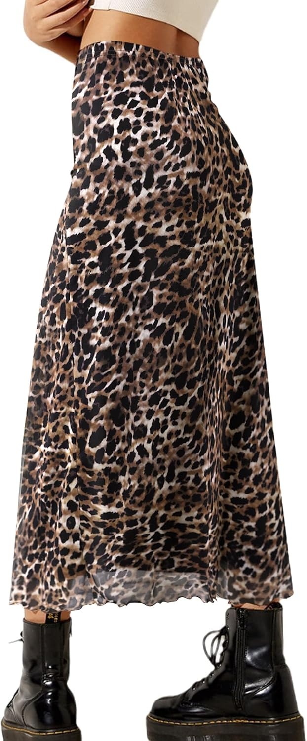 image:imageAvanova Womens Ditsy Floral High Waisted Skirts Lettuce Trim Summer Fall Boho Midi SkirtLeopard Dark Brown