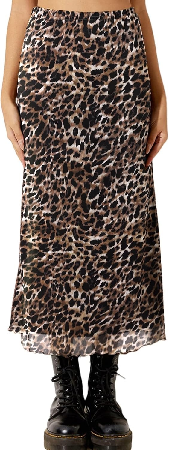 image:imageAvanova Womens Ditsy Floral High Waisted Skirts Lettuce Trim Summer Fall Boho Midi SkirtLeopard Dark Brown