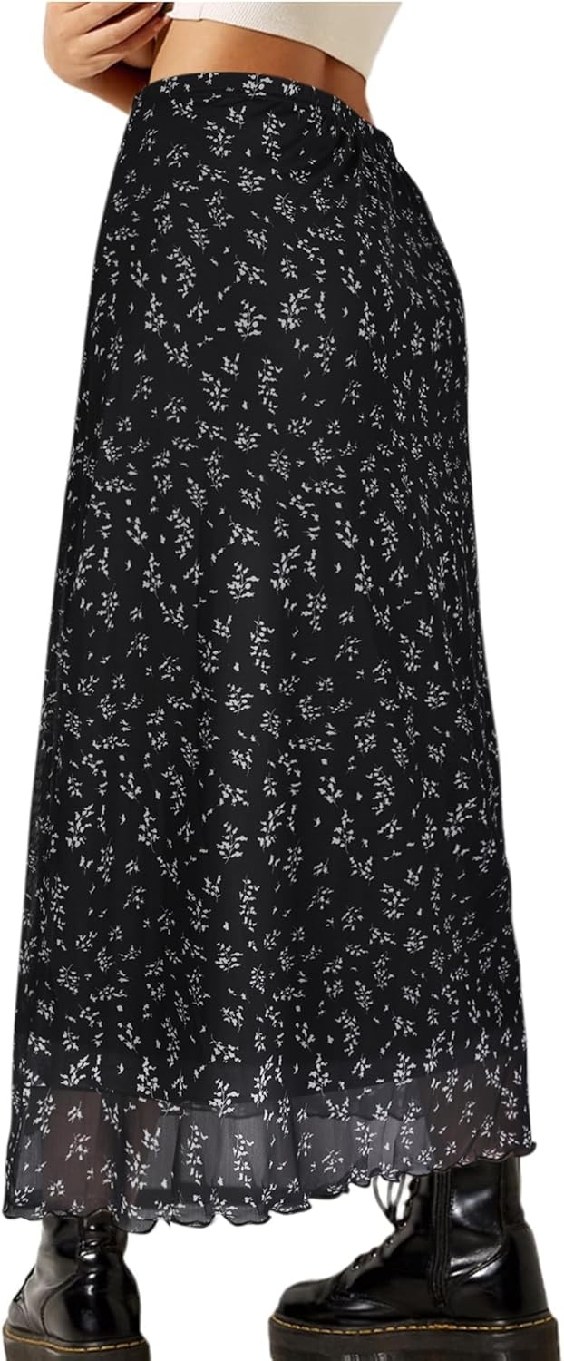 image:imageAvanova Womens Ditsy Floral High Waisted Skirts Lettuce Trim Summer Fall Boho Midi SkirtNavy Black