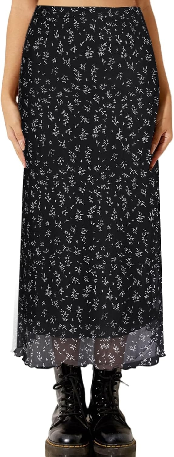image:imageAvanova Womens Ditsy Floral High Waisted Skirts Lettuce Trim Summer Fall Boho Midi SkirtNavy Black