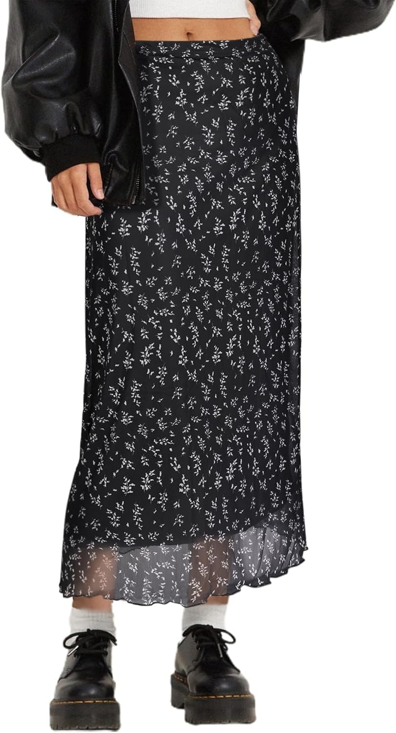 image:imageAvanova Womens Ditsy Floral High Waisted Skirts Lettuce Trim Summer Fall Boho Midi SkirtNavy Black