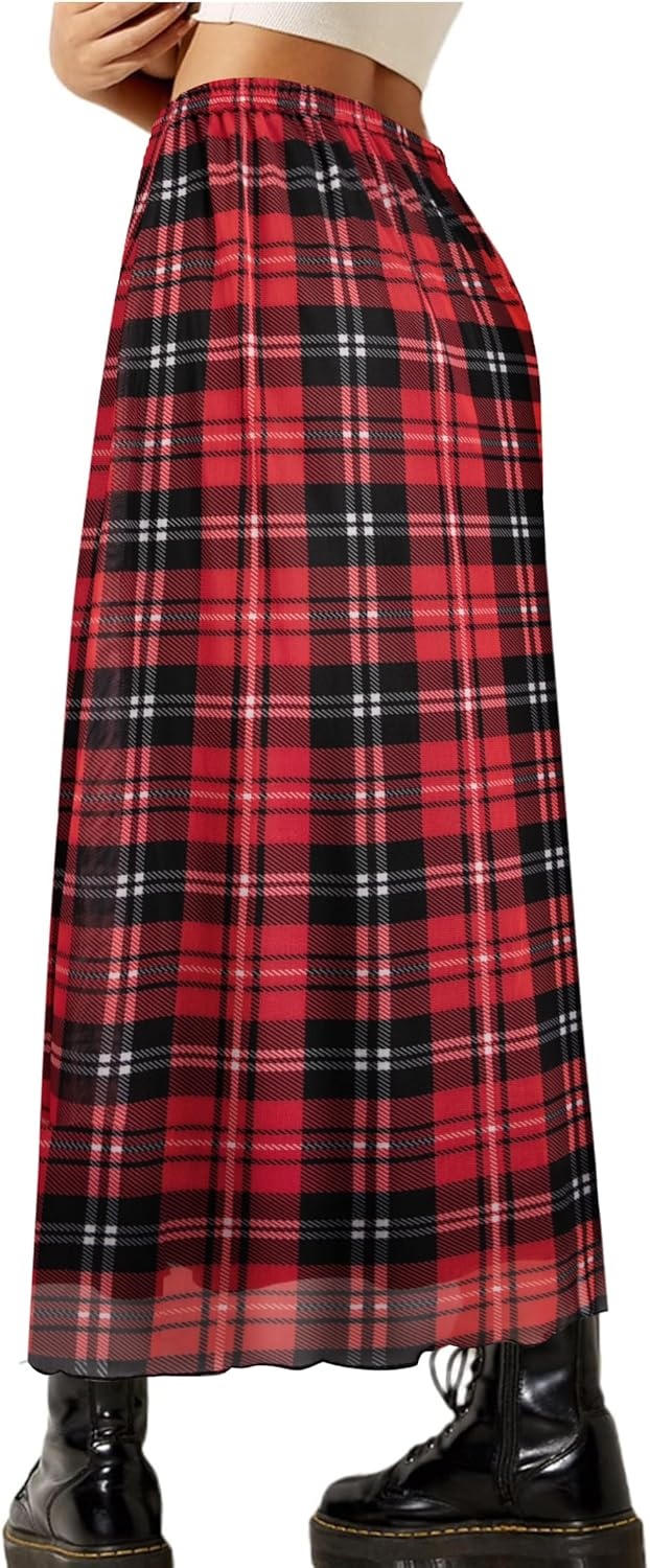 image:imageAvanova Womens Ditsy Floral High Waisted Skirts Lettuce Trim Summer Fall Boho Midi SkirtRed Plaid