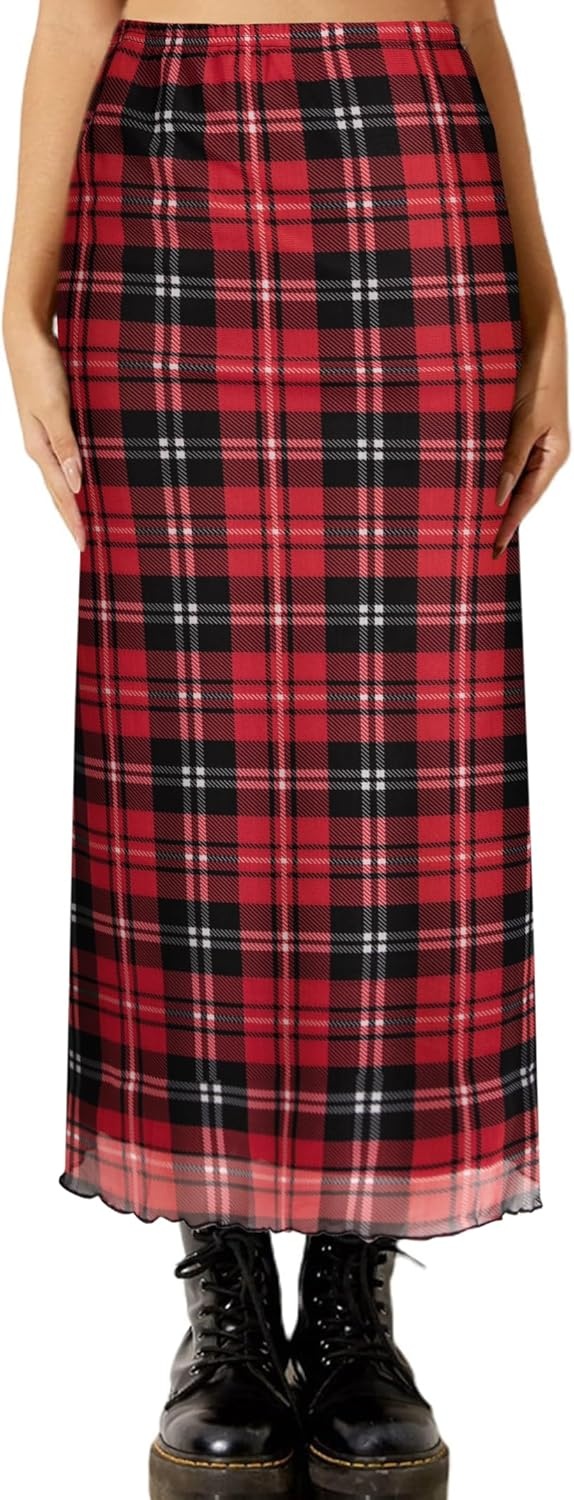 image:imageAvanova Womens Ditsy Floral High Waisted Skirts Lettuce Trim Summer Fall Boho Midi SkirtRed Plaid