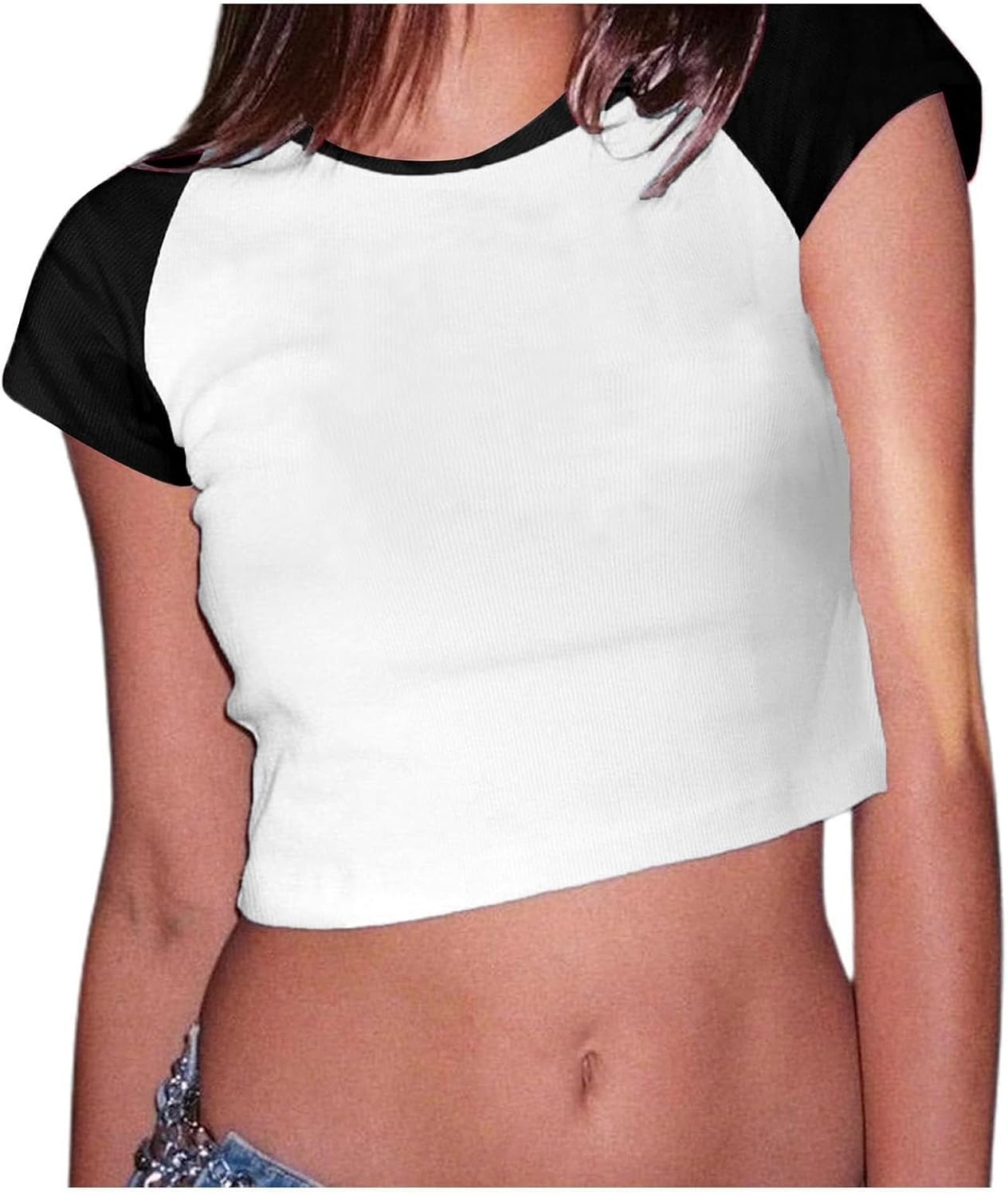 image:imageAvanova Womens Letter Print Tee Short Sleeve Round Neck Slim Fit Crop Top T ShirtBlack White