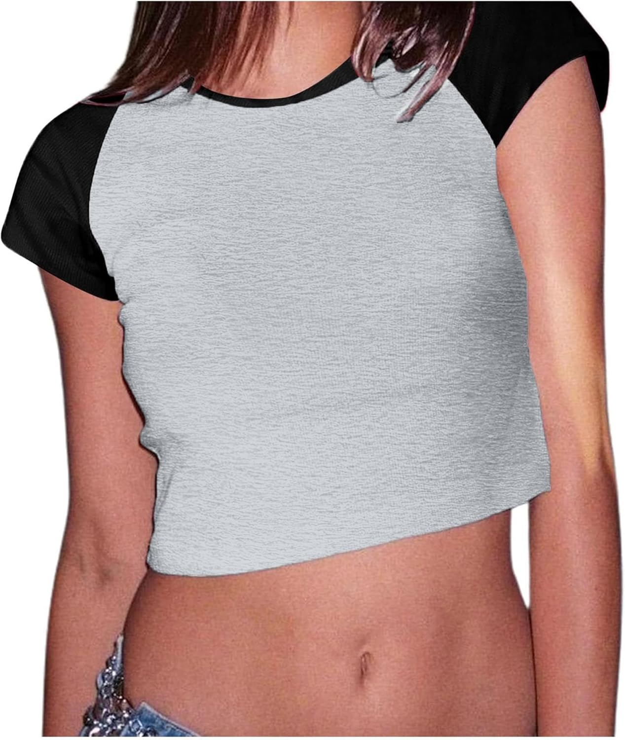 image:imageAvanova Womens Letter Print Tee Short Sleeve Round Neck Slim Fit Crop Top T ShirtGrey Black