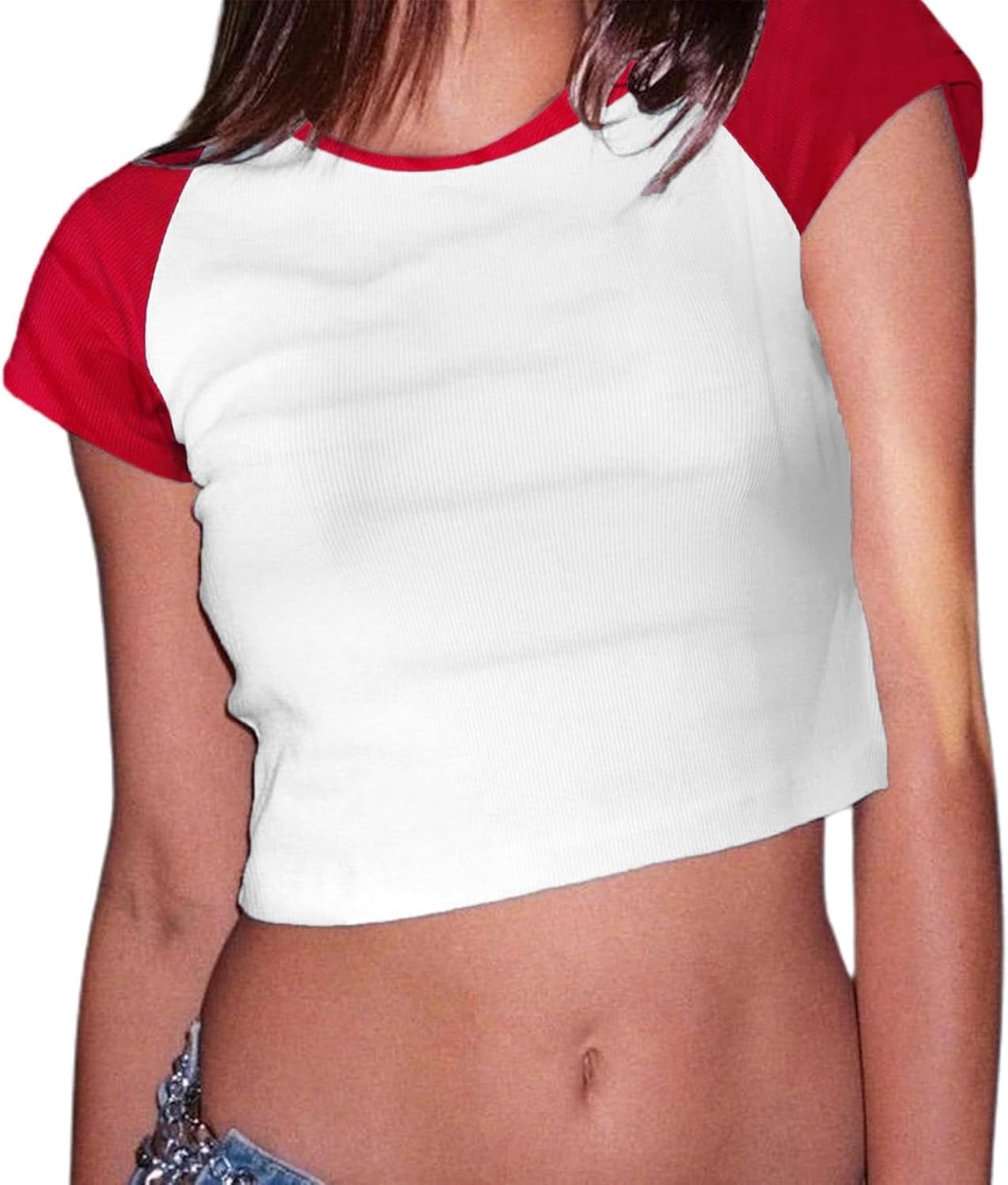 image:imageAvanova Womens Letter Print Tee Short Sleeve Round Neck Slim Fit Crop Top T ShirtRed White