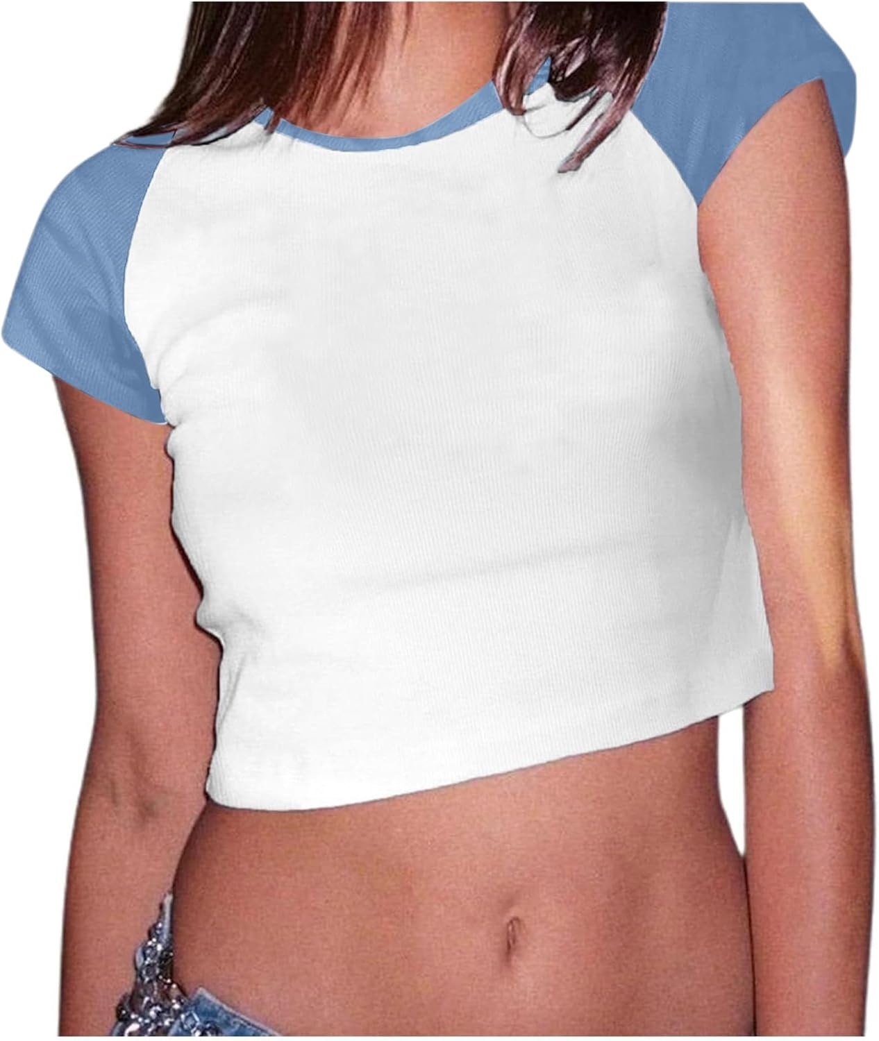 image:imageAvanova Womens Letter Print Tee Short Sleeve Round Neck Slim Fit Crop Top T ShirtWhite Dusty Blue