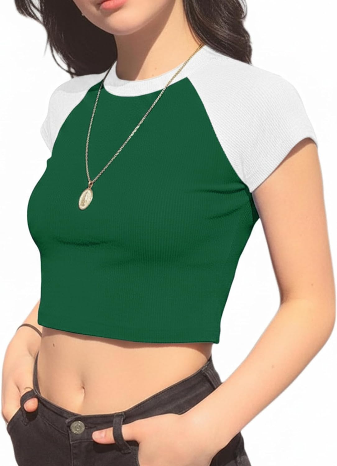 image:imageAvanova Womens Letter Print Tee Short Sleeve Round Neck Slim Fit Crop Top T ShirtWhite Green