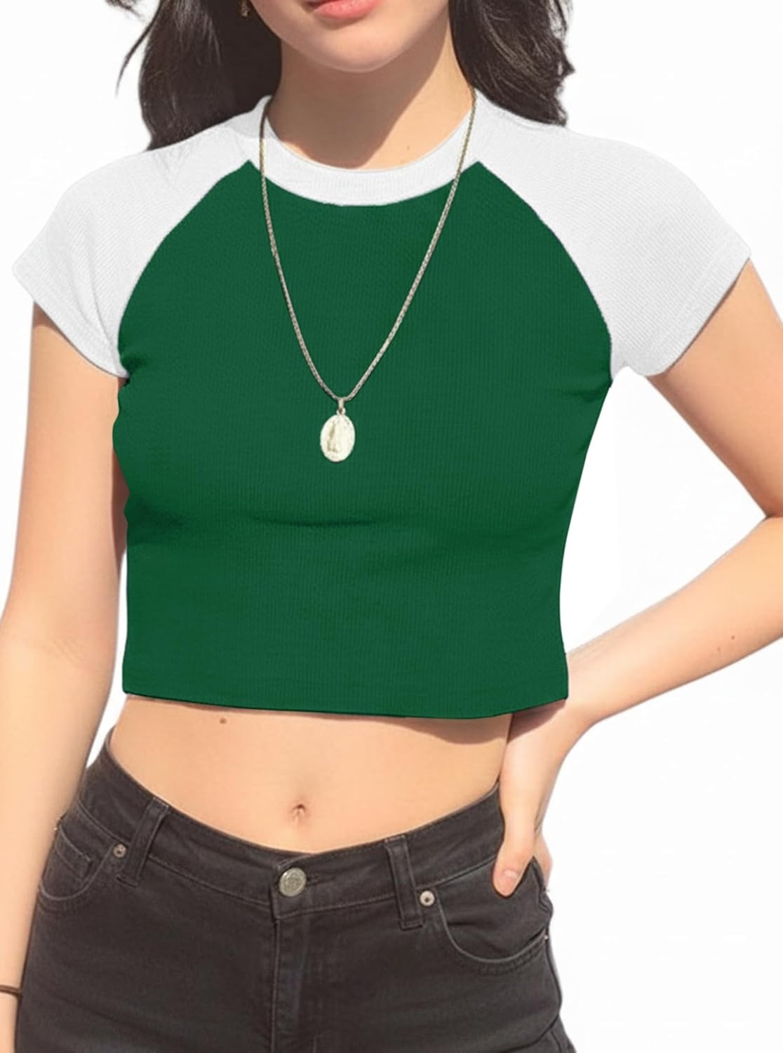 image:imageAvanova Womens Letter Print Tee Short Sleeve Round Neck Slim Fit Crop Top T ShirtWhite Green