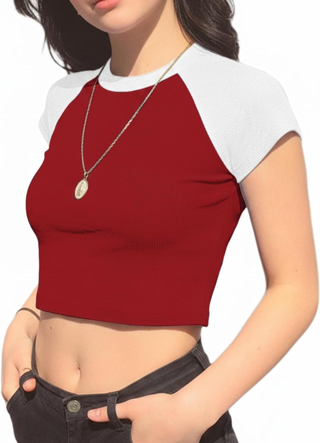 image:imageAvanova Womens Letter Print Tee Short Sleeve Round Neck Slim Fit Crop Top T ShirtWhite Red