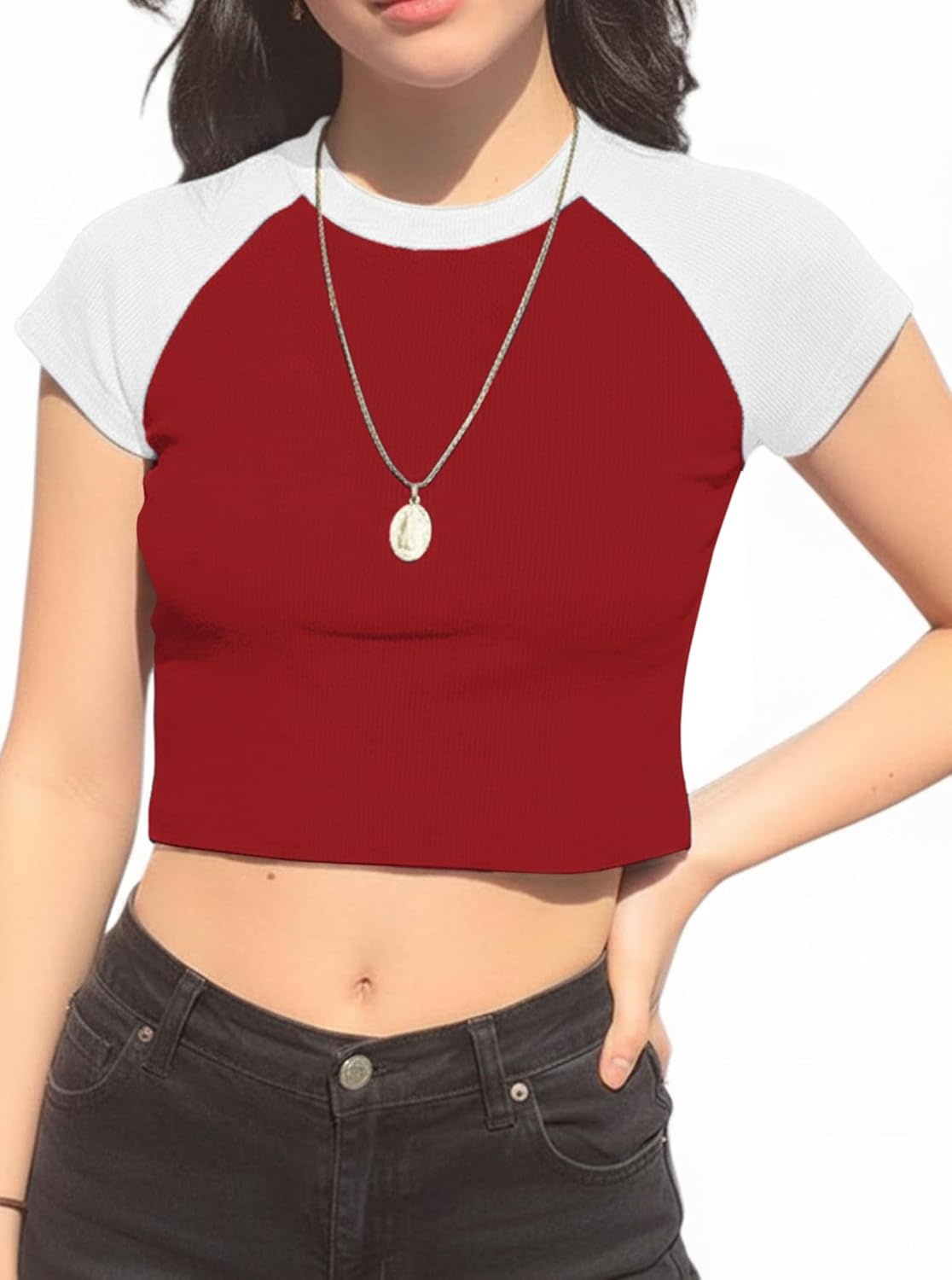 image:imageAvanova Womens Letter Print Tee Short Sleeve Round Neck Slim Fit Crop Top T ShirtWhite Red