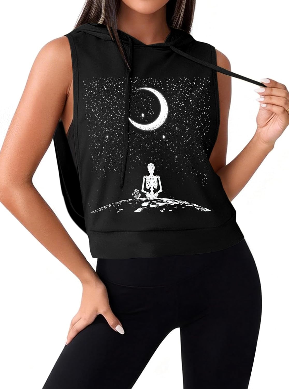 image:imageAvanova Womens Workout Shirts Sleeveless Hoodies Drawstring Open Side Gym Cropped Tank TopB Skull Moon