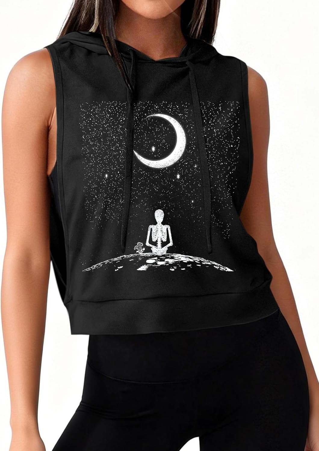image:imageAvanova Womens Workout Shirts Sleeveless Hoodies Drawstring Open Side Gym Cropped Tank TopB Skull Moon