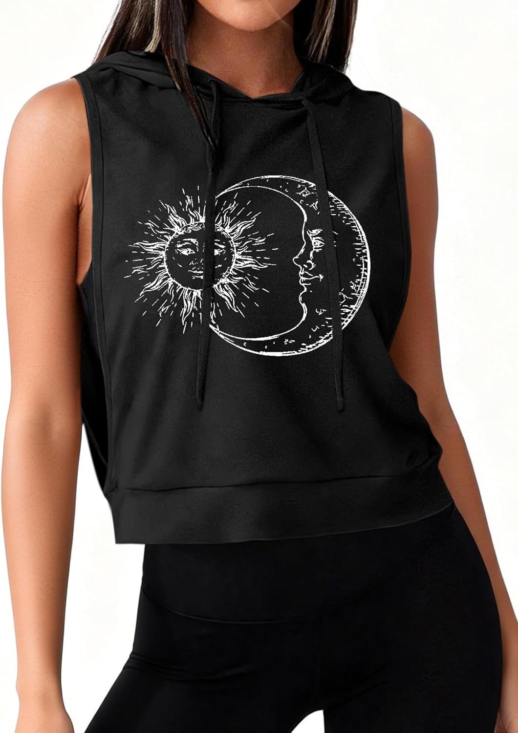 image:imageAvanova Womens Workout Shirts Sleeveless Hoodies Drawstring Open Side Gym Cropped Tank TopB Sun Moon