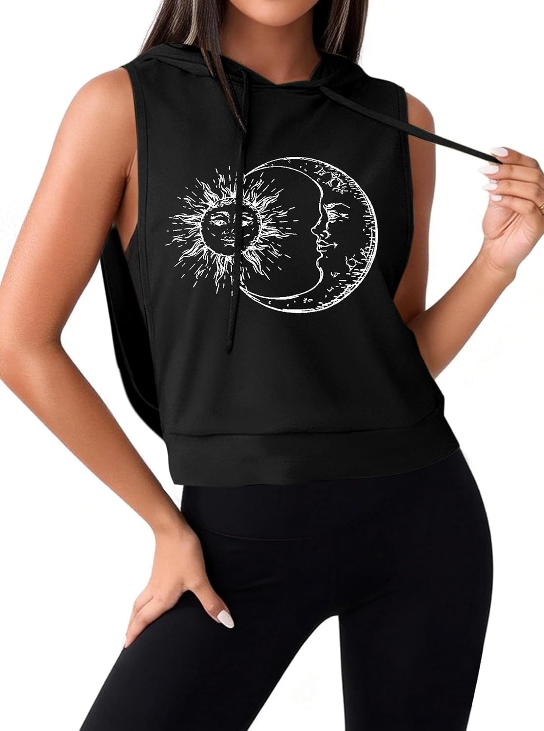 image:imageAvanova Womens Workout Shirts Sleeveless Hoodies Drawstring Open Side Gym Cropped Tank TopB Sun Moon