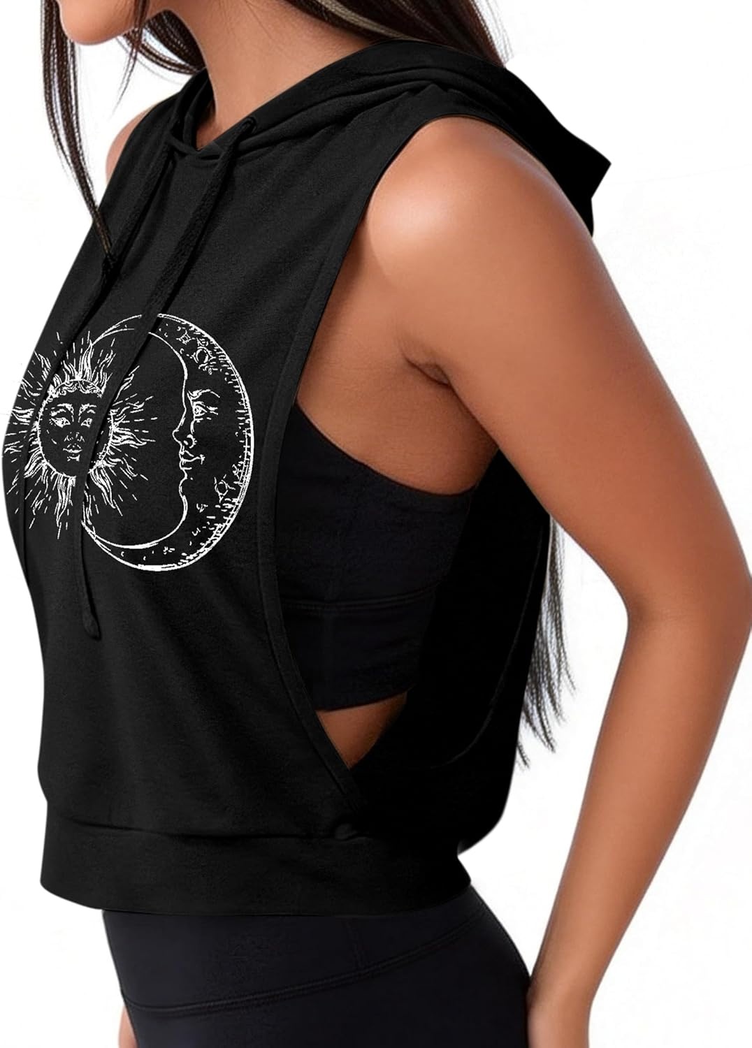 image:imageAvanova Womens Workout Shirts Sleeveless Hoodies Drawstring Open Side Gym Cropped Tank TopB Sun Moon